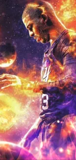 Basketball player in cosmic neon space with vibrant planets.