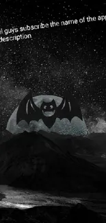 Dark cosmic scene with a bat and stars over mountains.