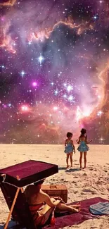 Children at a beach with a colorful cosmic sky background.