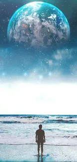 Person stands on beach with cosmic backdrop, Earth and stars visible.