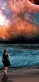 Woman stands by ocean under a cosmic starry sky, with planets visible in the background.