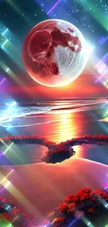 Cosmic beach scene with heart shoreline and a vibrant moon setting.