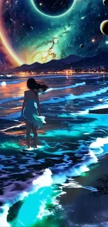 Woman standing by cosmic beach under galaxy.