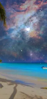 A cosmic beach scene with a vibrant starry sky and serene ocean.