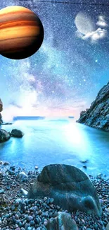 Cosmic beach scene with planets and starlit skies on a rocky shore.