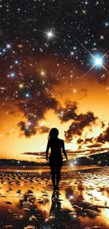 Silhouette on a starry beach at sunset with cosmic elements.