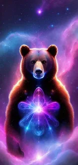 A vibrant cosmic bear in a purple galaxy background.