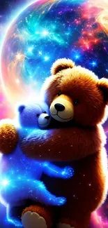 Teddy bears embracing in a cosmic space setting with colorful galaxy backdrop.