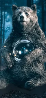 Bear in a blue forest holding a glowing cosmic orb.