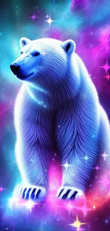 Neon cosmic polar bear against galaxy background.