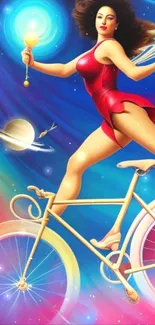 Vibrant fantasy art of woman cycling in space.