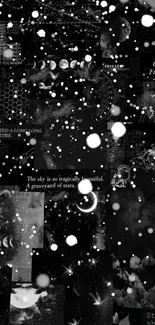 Black and white cosmic collage with stars and moons.