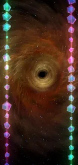 Mobile wallpaper with black hole and colorful geometric prisms.