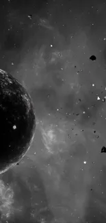 Black cosmic scene with planet and space debris.