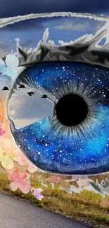 A cosmic blue eye with vivid fantasy elements and natural scenery.