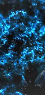 Cosmic blue nebula with rocks in space, creating a vibrant celestial scene.