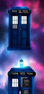 Blue police box on vibrant galaxy background wallpaper.