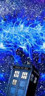 Blue police box in a cosmic starry scene as wallpaper