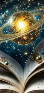 Open book with swirling cosmic planets and stars against a vibrant backdrop.