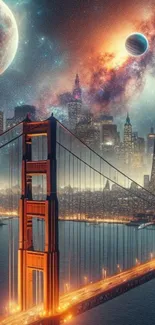 Surreal cosmic cityscape with planets and bridge.
