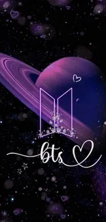 BTS themed cosmic mobile wallpaper with purple planet and stars.