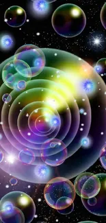 Colorful cosmic bubble galaxy wallpaper with spiral elements.