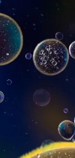 Mobile wallpaper featuring cosmic bubbles in dark blue and black hues.