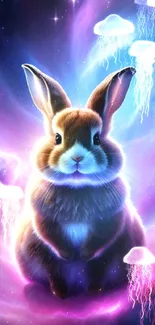 A cute bunny surrounded by cosmic colors and stars, perfect for mobile wallpaper.