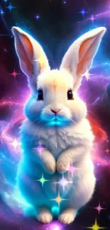 Cute white rabbit in a cosmic galaxy with vibrant nebula colors.