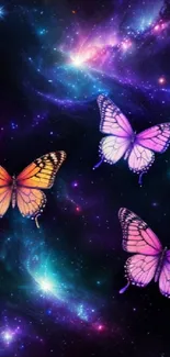 Colorful cosmic butterflies flutter in a purple galaxy scene.