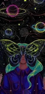 Cosmic butterfly with planets wallpaper art.