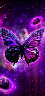 Vibrant purple butterfly with cosmic background featuring galaxies and stars.