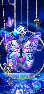 Mystical cosmic butterfly with vibrant blue and purple colors, surrounded by keys.