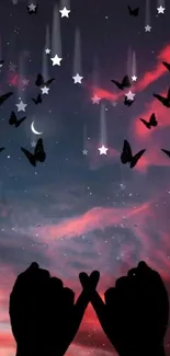 Mobile wallpaper with butterflies and crescent moon in a twilight sky.