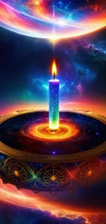 Colorful cosmic candle with vibrant galaxy backdrop and intricate patterns.