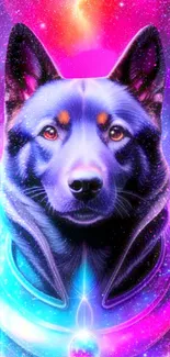 Cosmic dog art in vibrant colors with a nebula background.