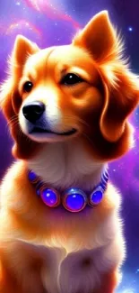 Fantasy dog with cosmic background and vibrant colors in space-themed art.