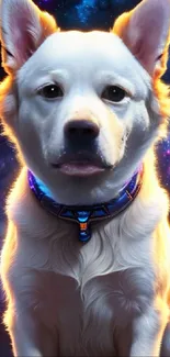 Dog set against a vivid cosmic galaxy with stars glowing around.