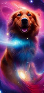 Cosmic-themed dog in a vibrant galaxy setting with swirling colors.