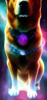 Colorful cosmic dog with galaxy background.