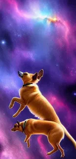 Two dogs float in a vibrant, purple cosmic galaxy scene on mobile wallpaper.