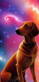 Dog with a cosmic galaxy background on mobile wallpaper.