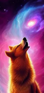 A majestic dog howls in a vibrant galaxy with shades of purple and blue.