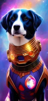 Cosmic dog in armor with a galaxy background.