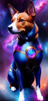 Cosmic dog in colorful galaxy space suit, vibrant starry background.