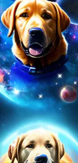 Dogs in a cosmic space scene with stars and planets.