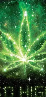 Cosmic artwork featuring a glowing green marijuana leaf against a starry backdrop.