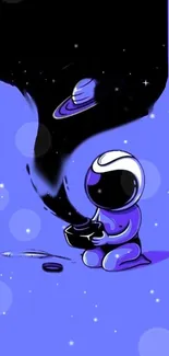 Cartoon astronaut exploring space with planets and stars.