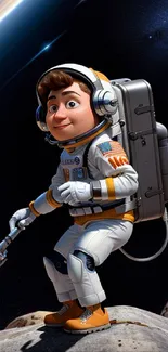 Cartoon astronaut on a cosmic adventure in space.