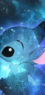 Cosmic cartoon character in blue galaxy wallpaper.